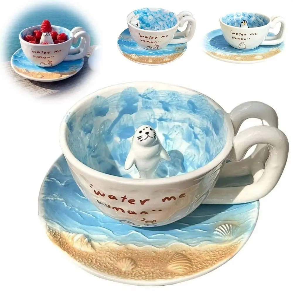 Cartoon Cute Seal Swimming Pool Ceramic Mug Ceramic 3D Figure Milk Anime Themed Cup Seal Penguin Coffee Cup Bowl