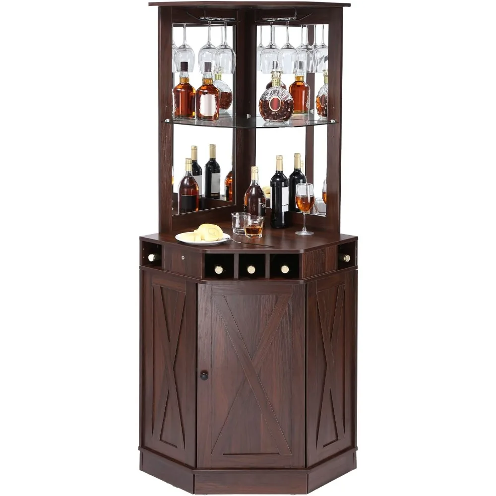 Corner Industrial Bar Cabinet, Wine Table for Liquor & Glasses, Sideboard Buffet Cabinet with Glass Holder, Freestanding Farmho