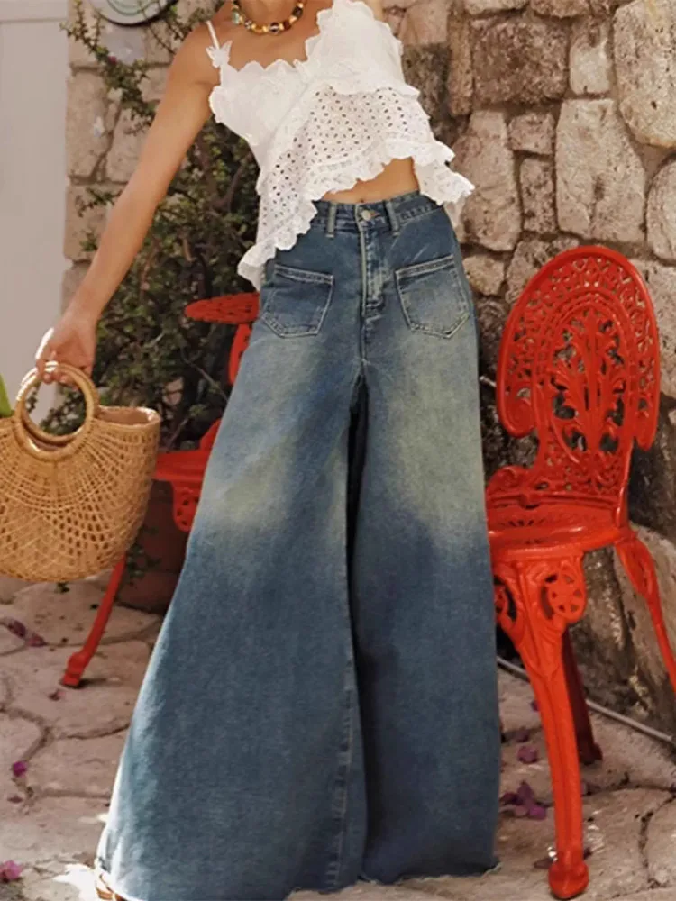 66-74cm Waist Jeans Women American Vintage Blue High Waisted Fringed Wide Leg Jeans All-Match Elegant Casual Washed Denim Pants