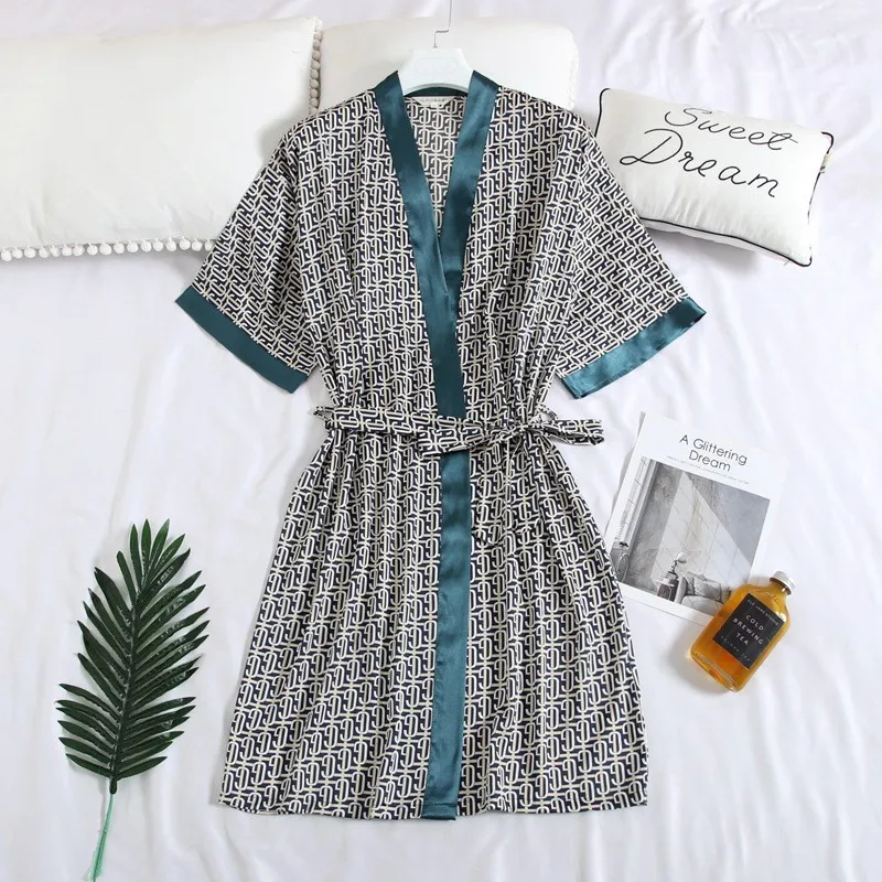 2024 new style Silk thin summer nightgown for men ice silk spring and autumn short-sleeved bathrobe printed pajamas for men