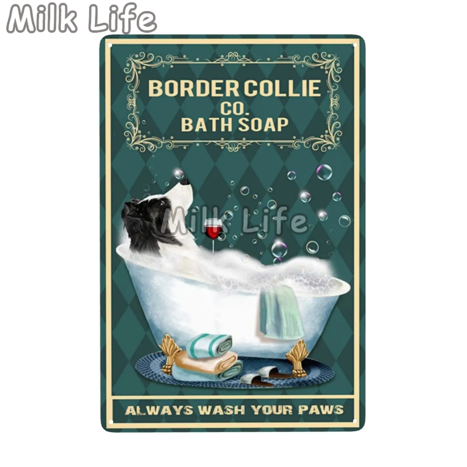 Metal Tin Sign Vintage Border Co Bath Soap Collie for Bathroom Toilet Coffee Bar Club Sweet Home Room Bedroom Pet Shop Decor