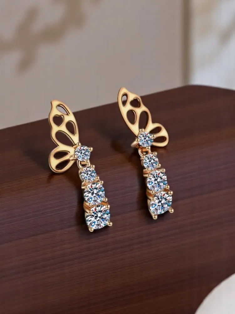MoisaLuxe Official Store Moissanite 925 sterling silver earrings Champagne Gold Women's Butterfly Element Valentine's Day gift