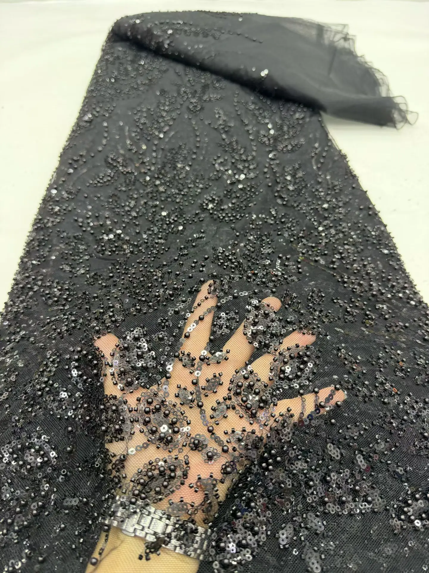 2026 Nigerian African French Guipure Tulle Lace Fabric Sequins Beaded Embroidery for Luxury Wedding Party Evening Dresses 5Yards image 3