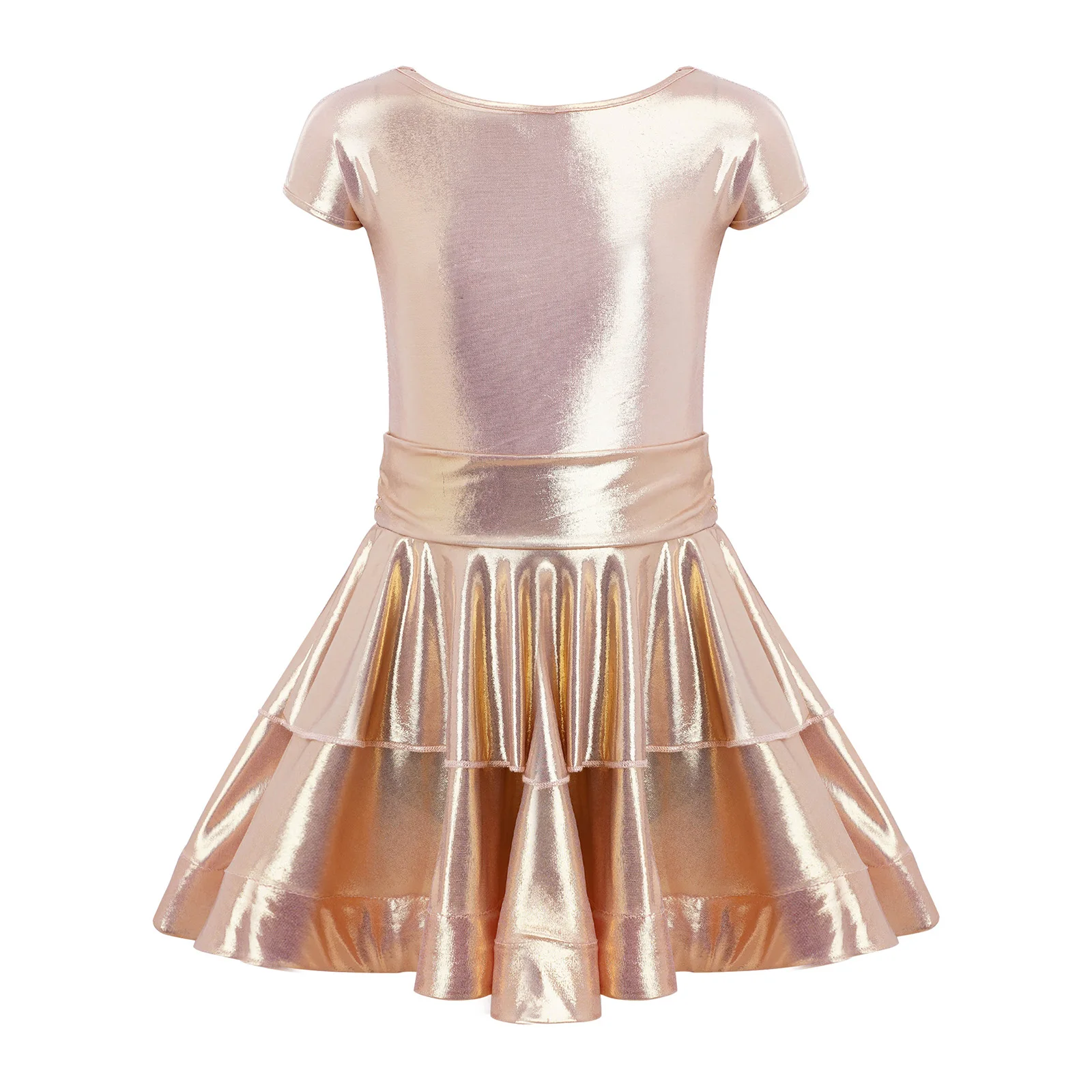 

Kids Girls Latin Jazz Dance Costume Round Neck Cap Sleeves Tiered Ruffled Dress Metallic Modern Dance Stage Performance Bodysuit