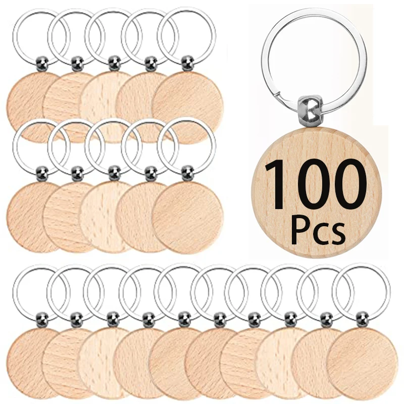 

100Pcs Natural Wood Key Chains Round Keyring For Father Mother 's Day Gifts