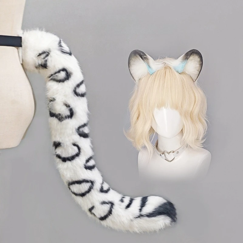 New Hot Game Snow Leopard Furry Ears Headband Handmade Cute Plush Exhibition Tail Set Night Party Cosplay Props