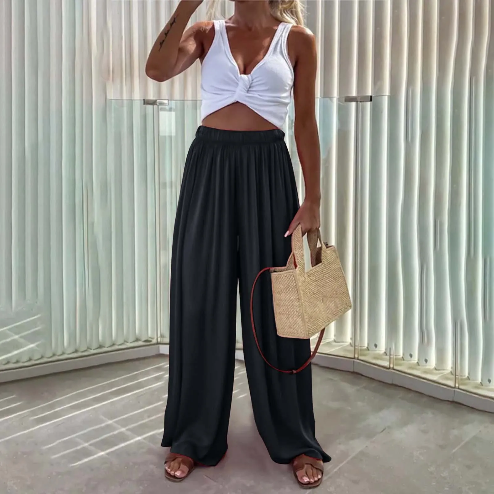 Autumn Simple Commute Pleated Trousers Women Elastic Waist High Street Loose Wide Leg Pant Fashion Casual Solid Color Long Pants