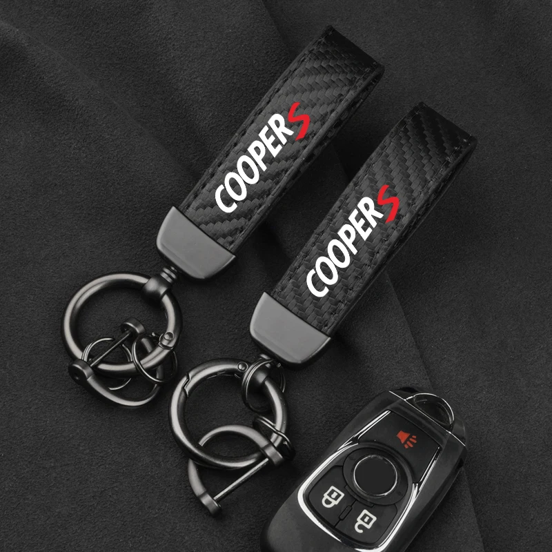 Leather Carbon Fiber Car Ring Keychain Trinket Zinc Alloy Keyrings Rotate For Mini Cooper S One JCW R55 R56 R50 R53 R60 F55 F56