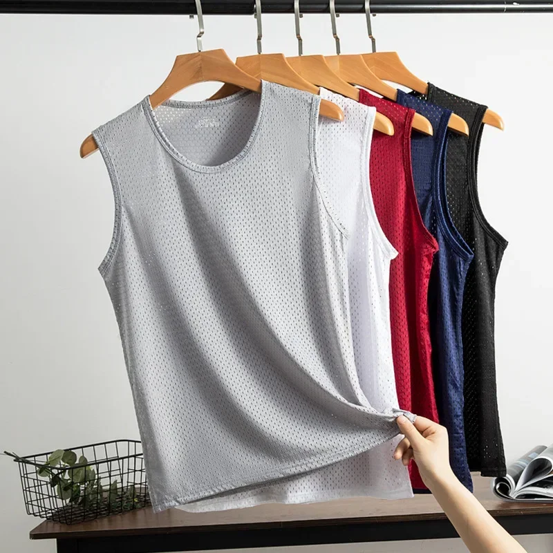 Men Tops Ice Silk Vest Outer Wear Quick-Drying Mesh Hole Breathable Sleeveless T-Shirts Summer Cool Vest Beach Travel Tanks