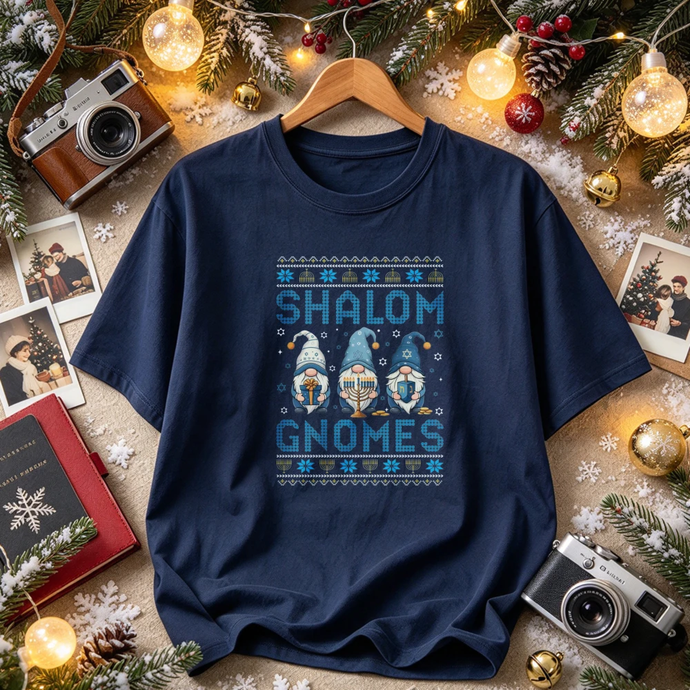 Shalom Gnomes Hanukkah Star of David Menorah Gift Graphic Print Casual Tops Cute Jewish Holiday Knit Pattern Streetwear T-Shirt