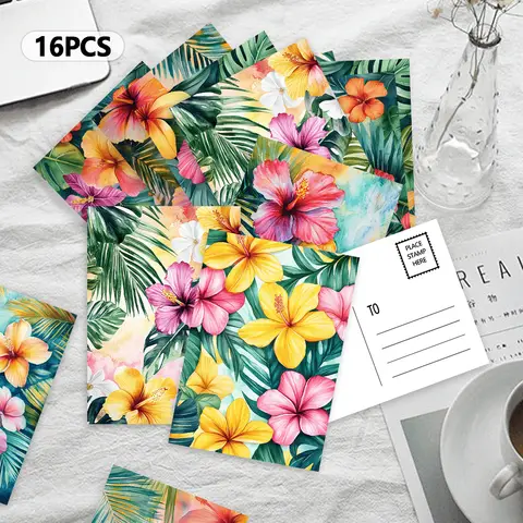 16pcs, tropical flower postcards, New Year gifts, Christmas gifts, living room decoration, bedroom decoration,high-quality cards