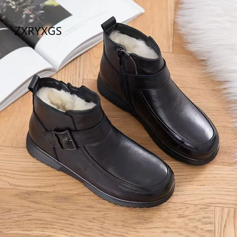 ZXRYXGS 2025 Nieuwe Mode Top Koeienhuid Winter Warme Snowboots Comfortabele Elegante Platte Laarzen Zwarte Schoenen Vrouwen Katoenen Laarzen