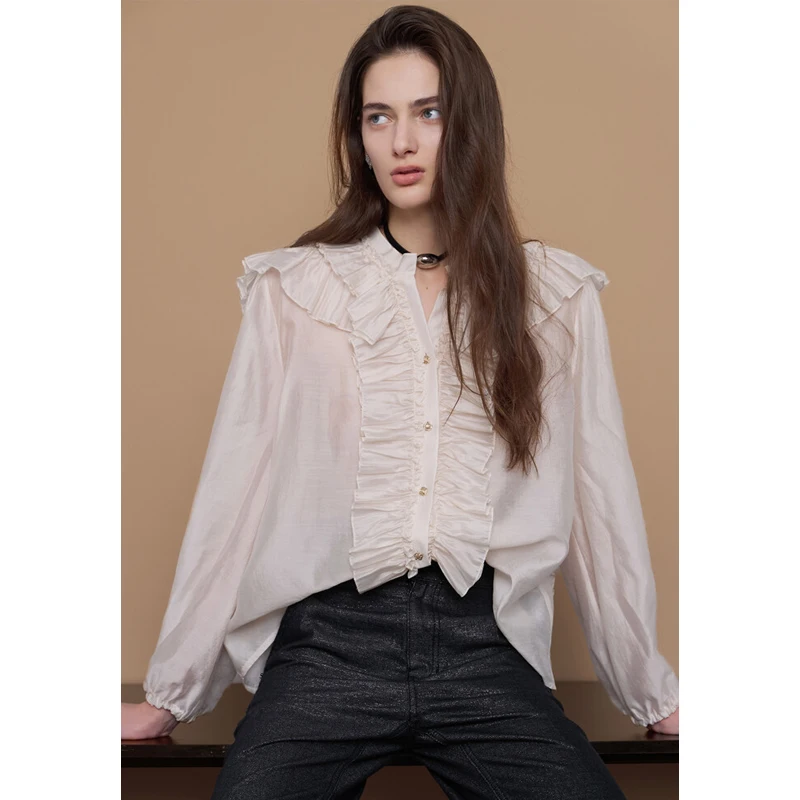 

Ele V-Ne Pleated irt Women's Faion Multi-Purpose Korean Court Sle Long Sve Slimming Thin Fabric Floral