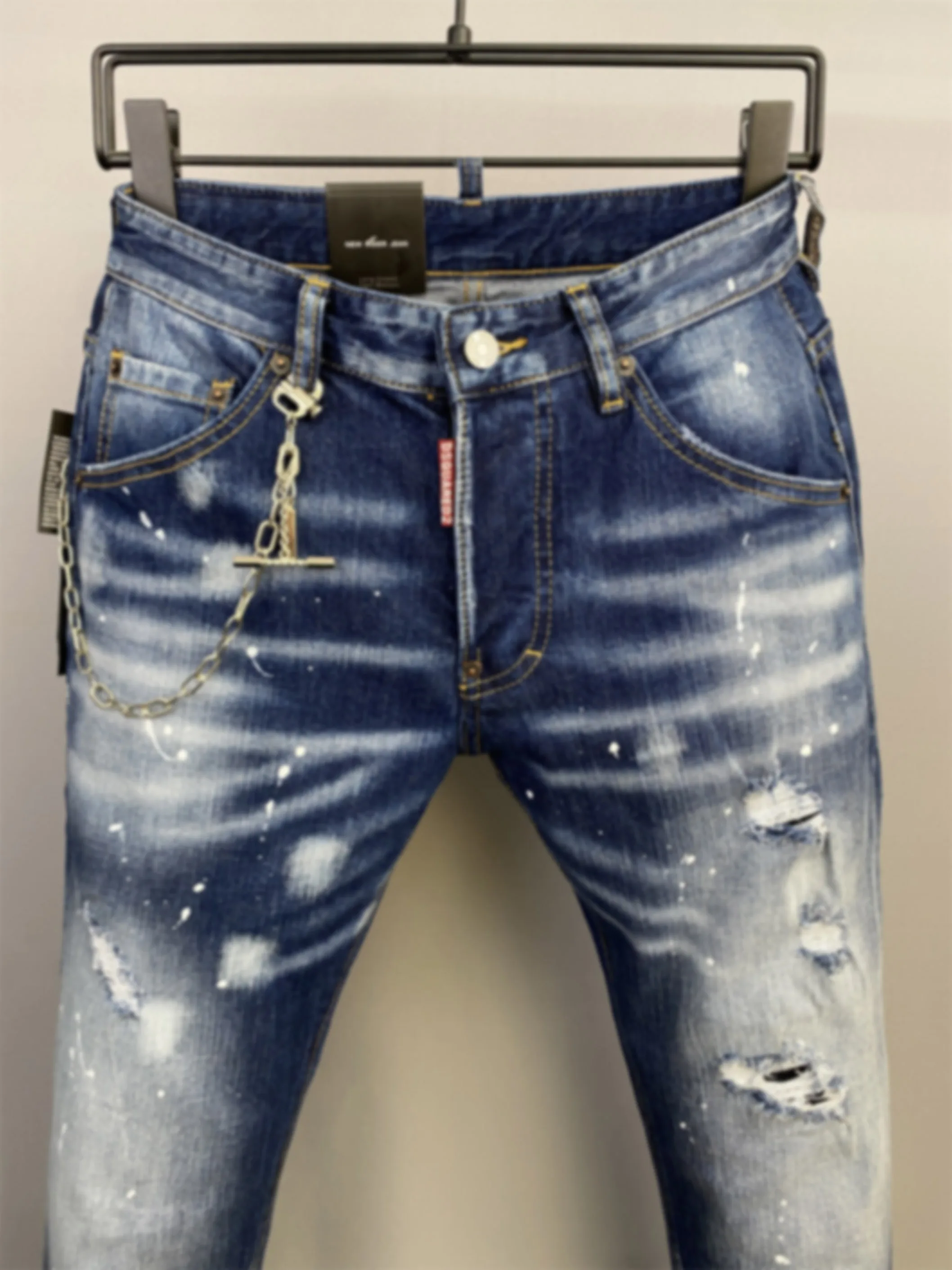 Jeans azul slim fit masculino, remendos lavados e desgastados, pintura 3D, nova D2, primavera e verão, 2024