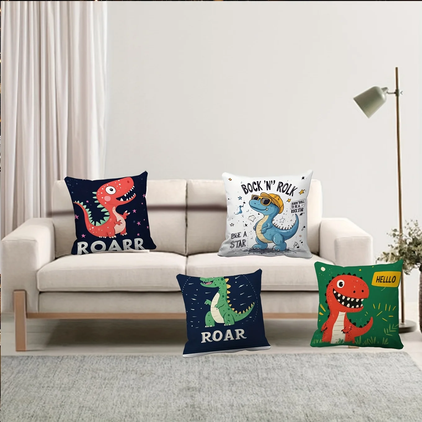 Cute Dinosaur Throw Pillowcase Set Nursery Decor Roar Cartoon Kids Pillowcase 4pcs 40x40cm