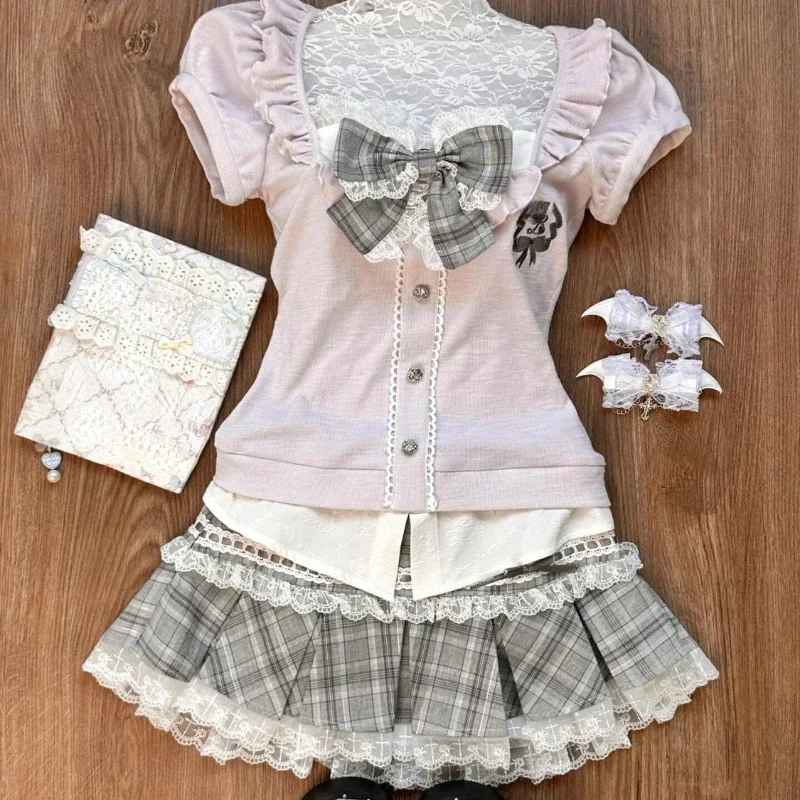 Woman Japanese Kawaii Preppy Style Skirt Sets Sweet Lace Patchwork Bow Tops Y2k Plaid Mini Skirts Female Elegant Lolita Outifits