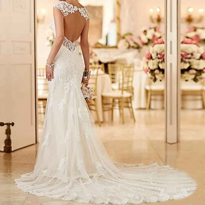 Mermaid Wedding Dresses 2025 For Bride Long Lace Open Back Bridal Gowns With Train Cap Sleeve Robe De Mariée