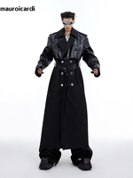 Mauroicardi Spring Long Cool Pu Leather Patchwork Trench Coat Men Shoulder Pads Double Breasted Luxury Designer Clothes 2024