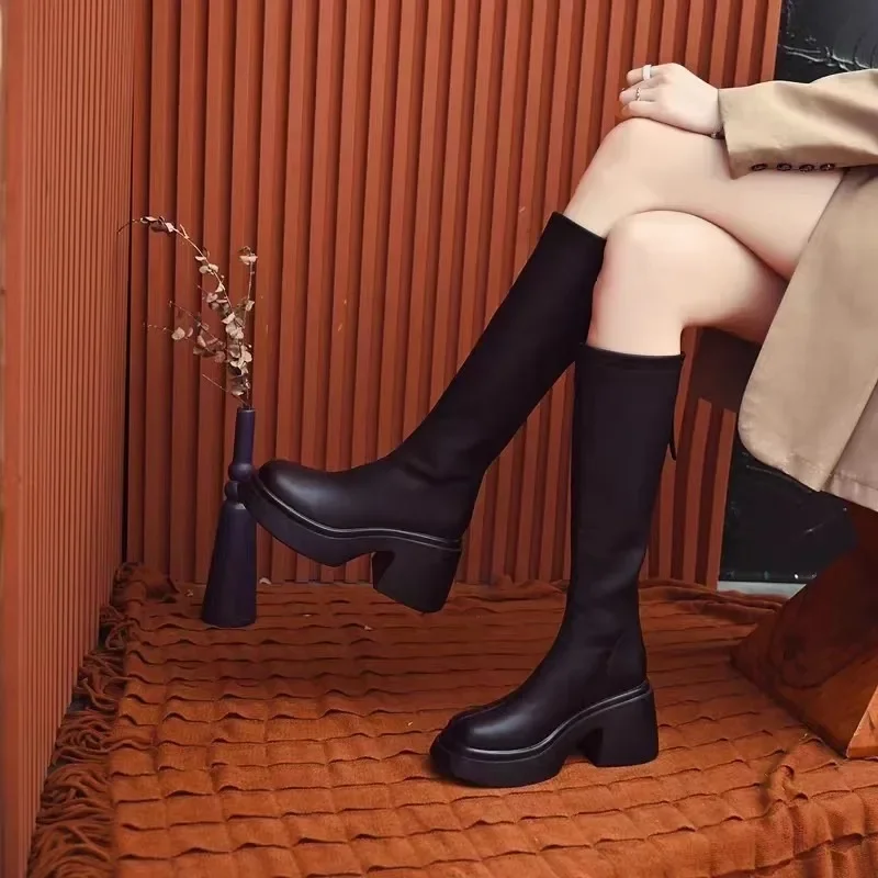 

Модные женские сапоги до середины икры, зимняя однотонная кожаная классическая женская обувь на молнии, современные сапоги на высоком квадратном каблуке с круглым носком