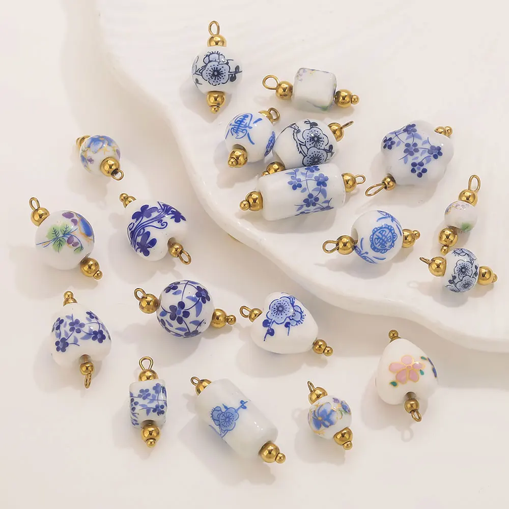 5pcs Blue Printed Ceramic Pendants Elegant Heart DIY Women's Earrings Necklaces Bracelets Jewelry Making Accessories Wholesale