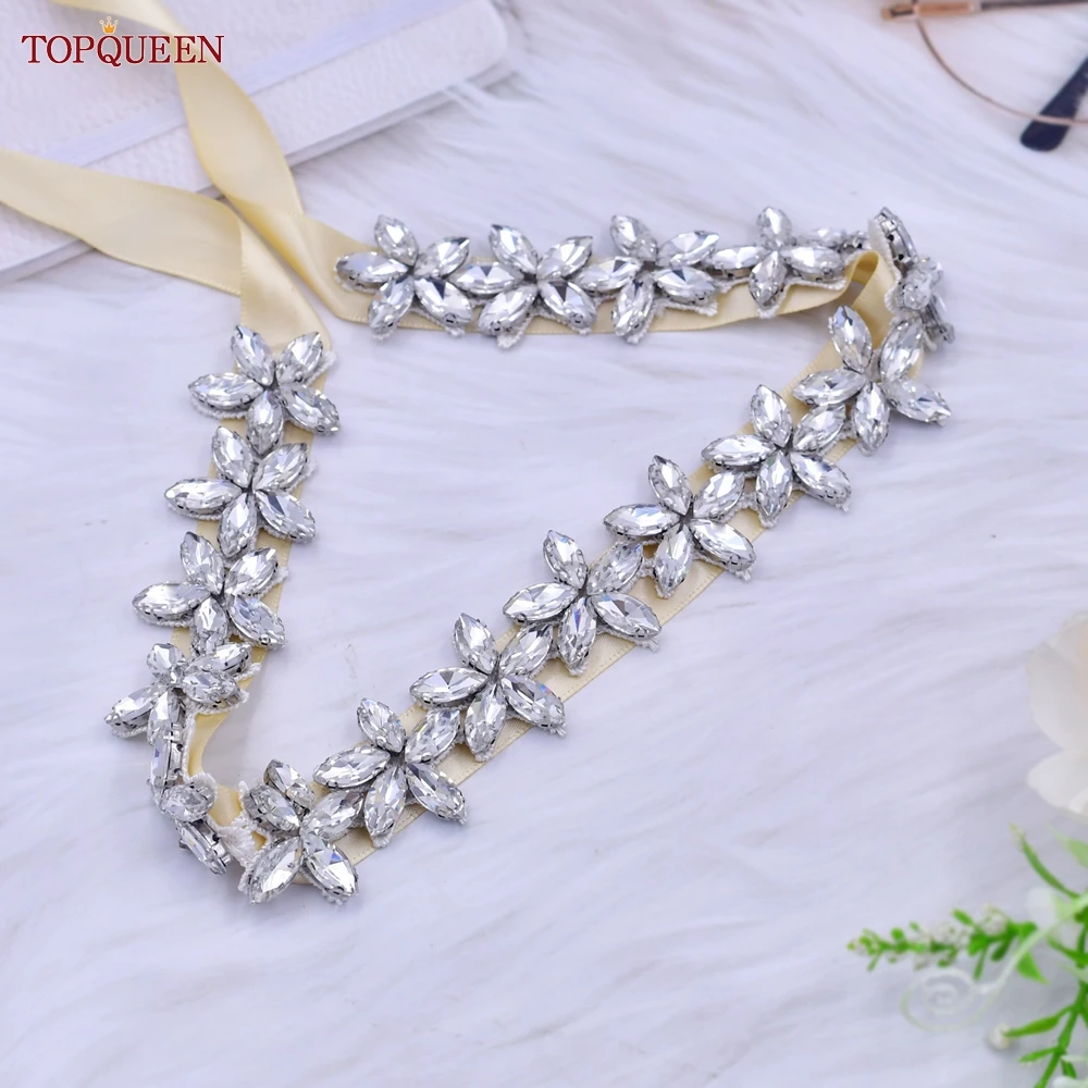 TOPQUEEN Silber Strass Applique Bridl Zubehör Weibliche Frau Marokkanischen Hochzeit Satin Gürtel Braut Schärpe Gürtel S96