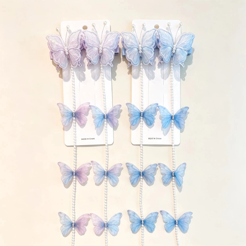 Sheer Mesh Butterfly Hair Clips Beaded Chain Multi-Color Braided Hair Clips Gradient Wings Long Tassel Hair Barrettes Outdoor
