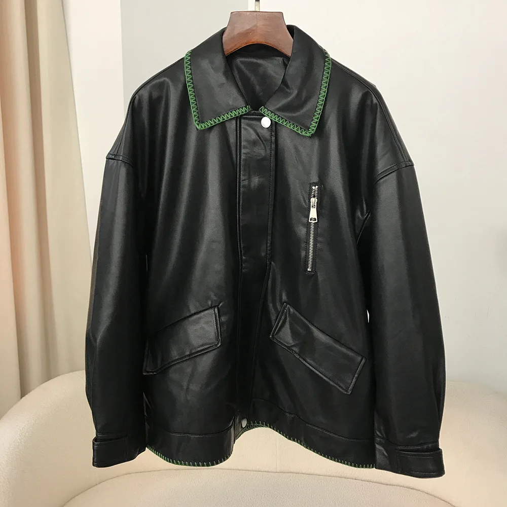 2024 PU leather jacket for women in spring and autumn, fashionable and versatile, simple and loose fit, short casual leather jac