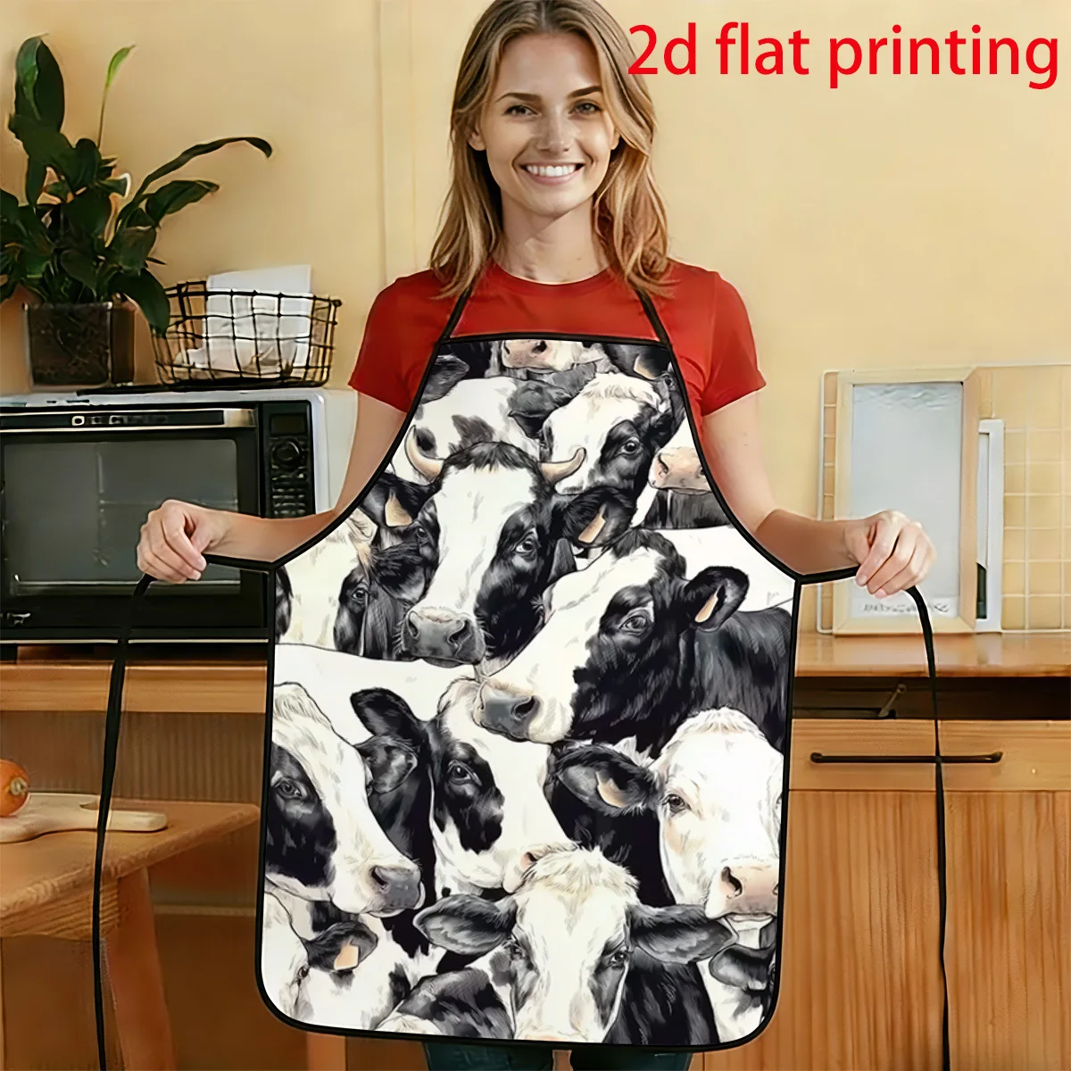 1pc 2D Flat Black And White Cow Group (1) Printed Apron Durable And Easy To Clean Adjustable Waist Belt 50x75cm 68x95cm