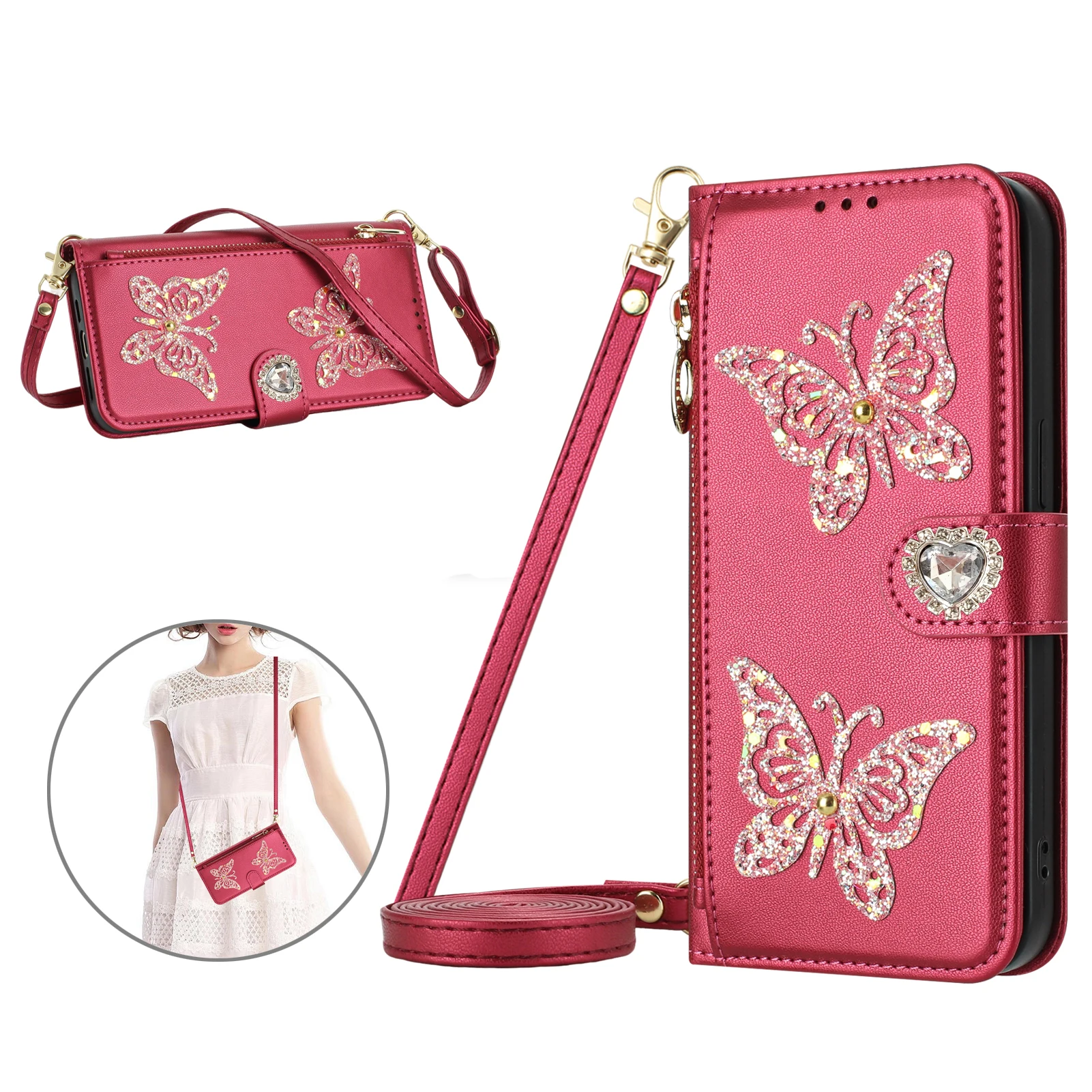 2 Butterflies Rhinestone Leather Zipper Wallet Case For Samsung Galaxy Quantum 6 5 Buddy 4 3 Crossbody 3 Slots Lanyard Cover