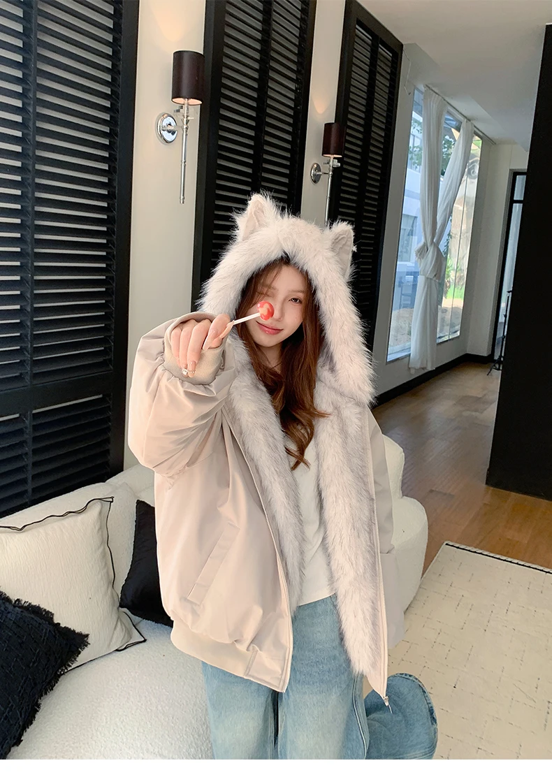 2025 Winter Korean Style Cat Ear Beige Furry Hooded Coat for Women Thickened and Lined Black Loose Casual Jacket