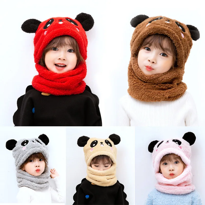 

2023New Fasion Children's Parent-child Fleece Hat Winter Bib Hat For Boys And Girls One Body Baby Hat Ear Cap Panda Pullover Hat