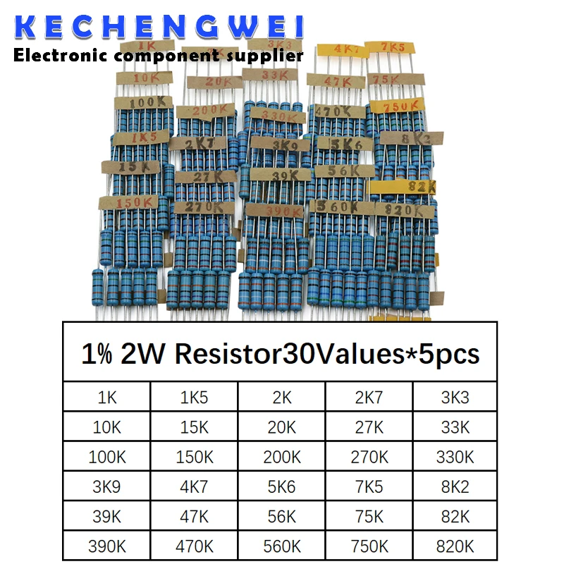 

Total 150pcs 1% 2W Metal Film Resistor Assorted Kit 30Values*5pcs=150pcs (1K ohm ~820Kohm)