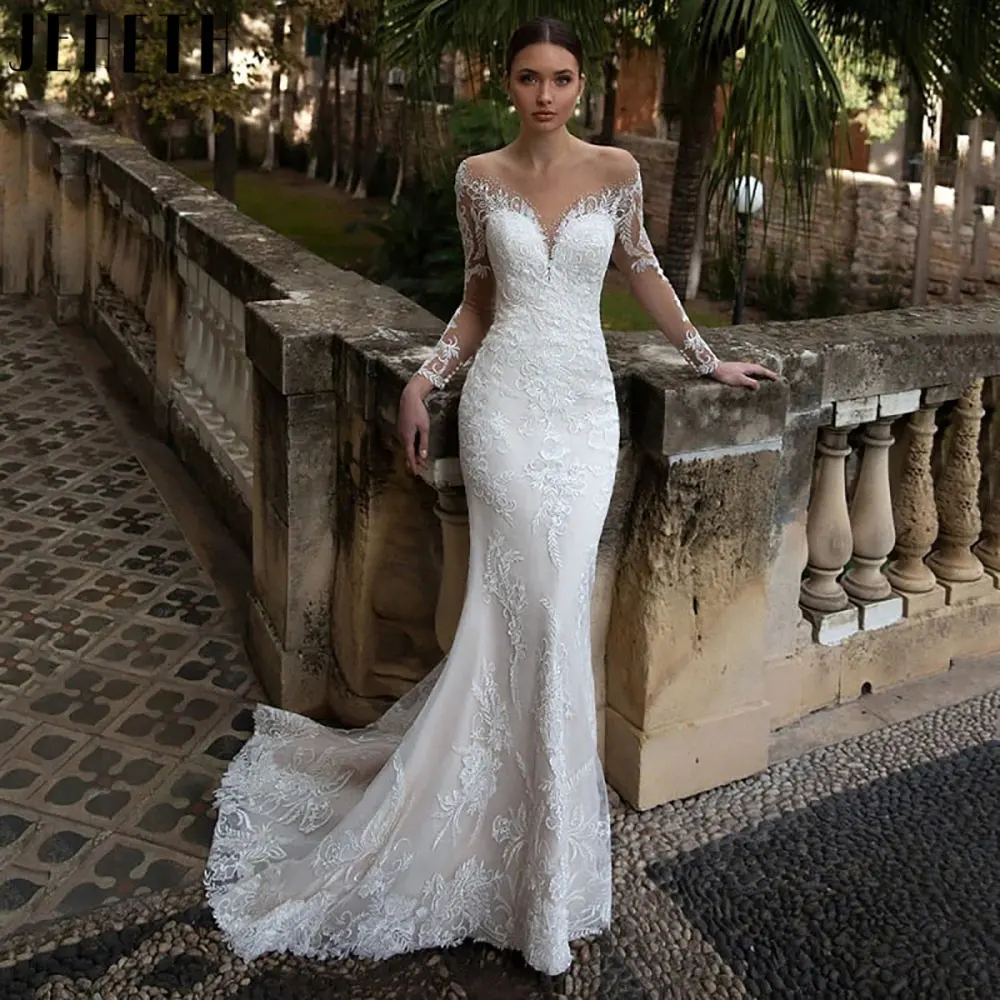 JEHETH Elegant Mermaid Lace Wedding Gowns 2024 Charming Beading Appliques Bridal Dress Long Sleeves V-Neck Robe De Mariée Custom