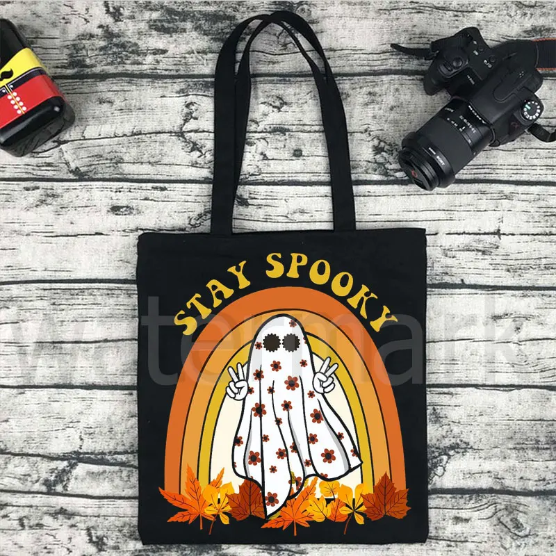 Stay Spooky Canvas Tote Bag Halloween Retro Funny Shopping Bag Halloween Party Gift ShopperHigh Capacity Canvas Shoulder Bags