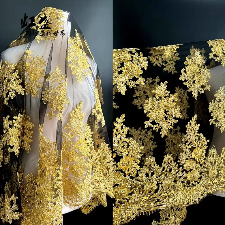 Gold high-end lace mesh embroidery three-dimensional flower applique fabric performance dress fabric