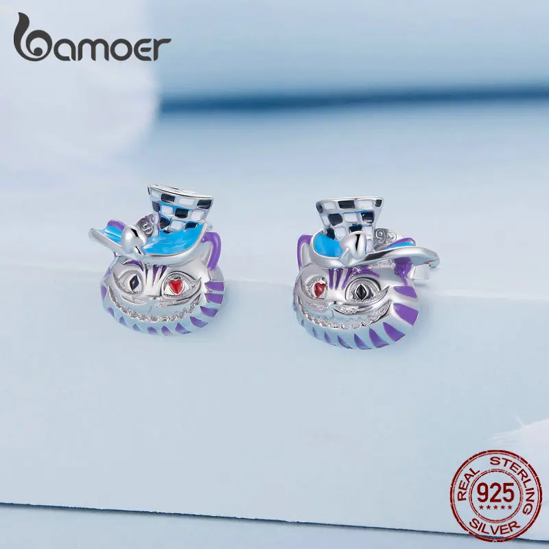 Bamoer Authentic 925 Sterling Silver Colorful Enamel Freaky Playing Cards Magician Cat Stud Earrings for Women Fine Jewelry