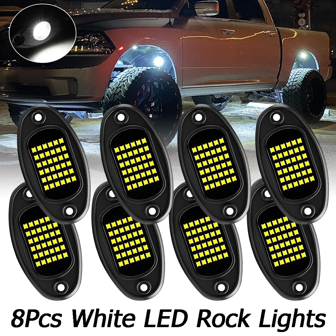 

8-Piece Waterproof White LED Rock Light Kit – Durable Underbody Glow Lights for Cars, Trucks, ATVs, UTVs, SUVs,Boats 12V