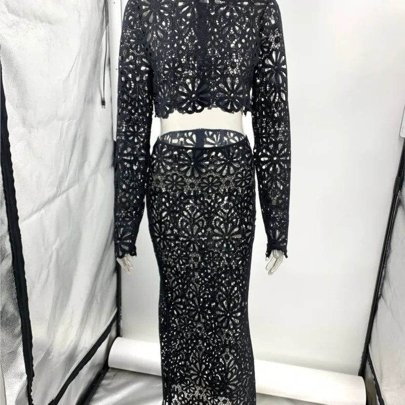Women Sexy Lace Hollow Out Short Top Skirt Two Piece Sets Female Casual Beach Vacation Fashion New Elegant Slim Summer Dress Set