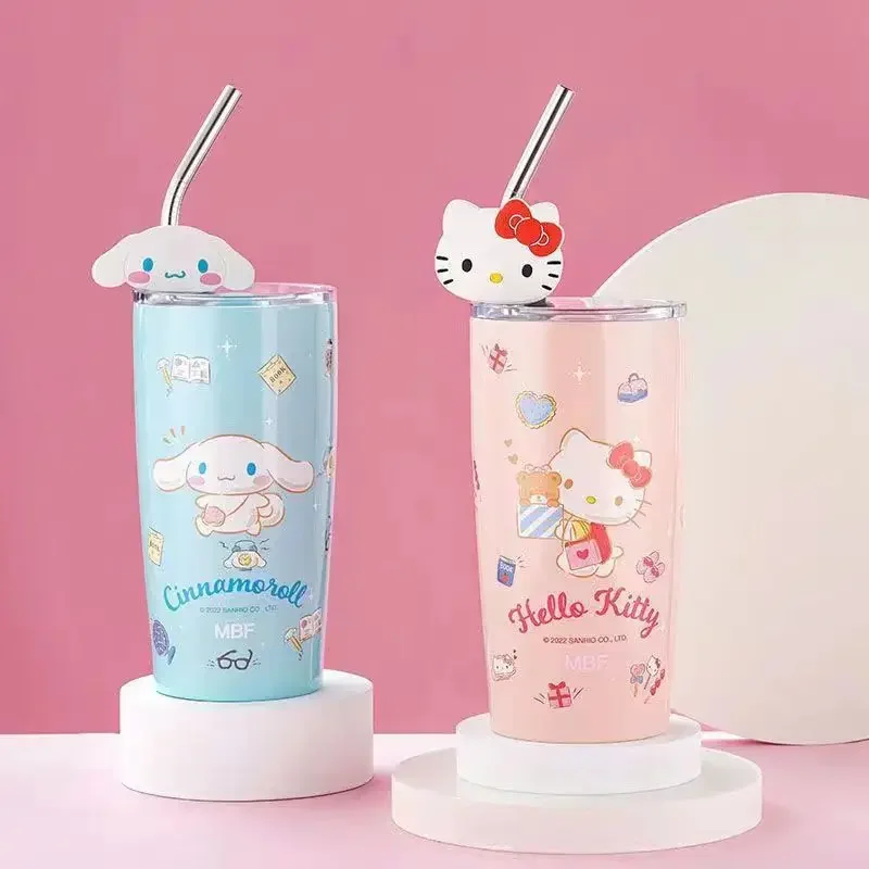 

Sanrio термос чашка 600 мл Kawaii Hello Kitty Kuromi Melody студенческий подарок для детей аниме мультяшный милый портативный соломенный большой емкости