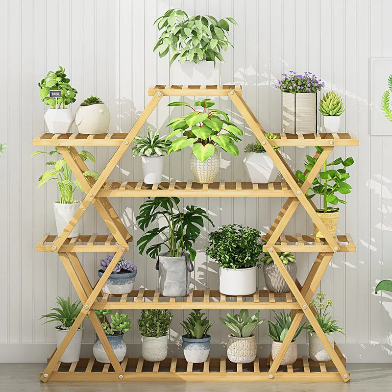 Large Foldable Multi-layer Indoor Flower Pot Stand Balcony Flower Stand Floor-to-ceiling Rack Solid Wood Shelf Planter Organize