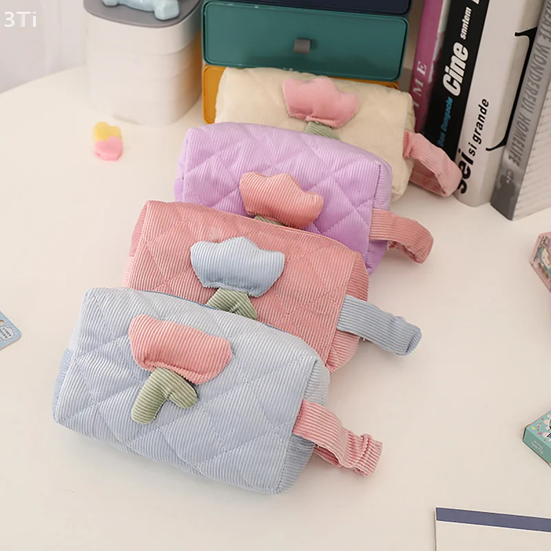 Borsa per cosmetici in velluto a coste Tulip Borsa da viaggio portatile per matite di grande capacità Custodia per organizer Borsa per trucco Borsa per il lavaggio Borsa da toilette