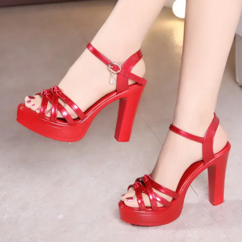 Summer Shoes for Women Sandals Platform Pumps PU Square Heel Summer Buckle Strap One Word Buckle Women Leather Shoes