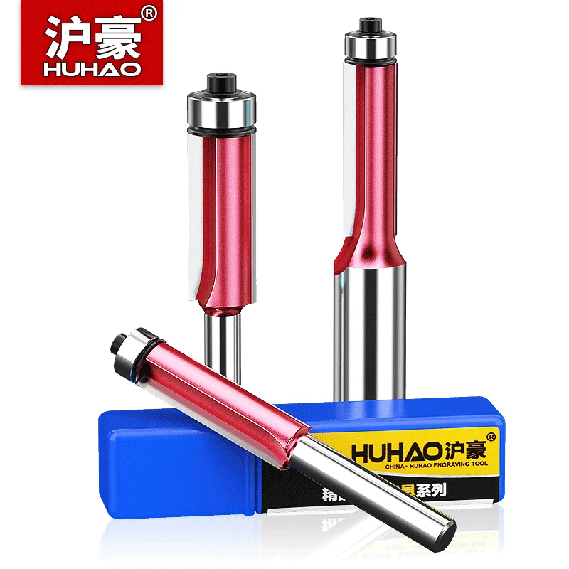 HUHAO Bearing Trimming Cutter Straight Router Bits for Wood 1/4 1/2 Carbide Milling Cutter Trimmer Cleaning Flush Trim End Mill