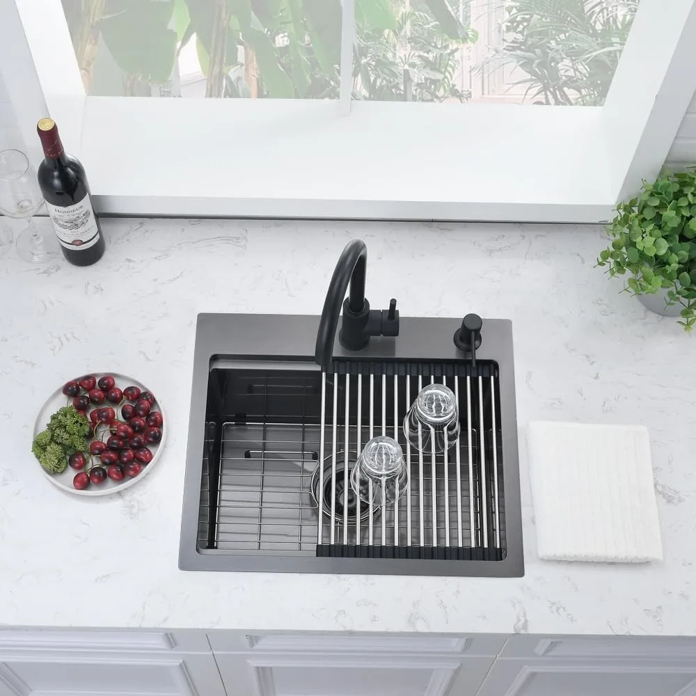 حوض المطبخ من الفولاذ المقاوم للصدأ للاستخدام RV والخارجي، 20 × 17 بوصة، حامل علوي، وعاء واحد، 16 مقياس، تصميم أسود منسدل
