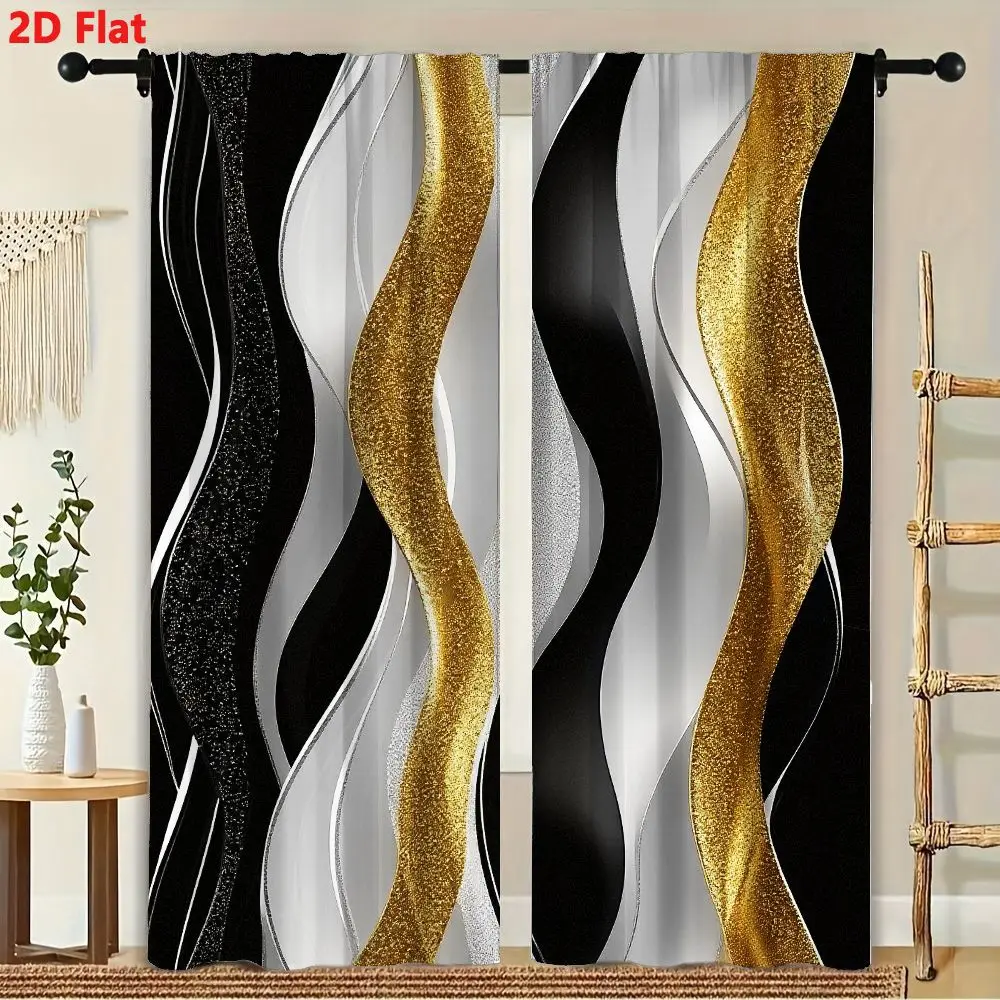 Black White Gold Glitter Wave Curtains 2pcs 3D Flat Abstract Wavy Drapes for Living Room Bedroom Window Treatment Blackout Sheer