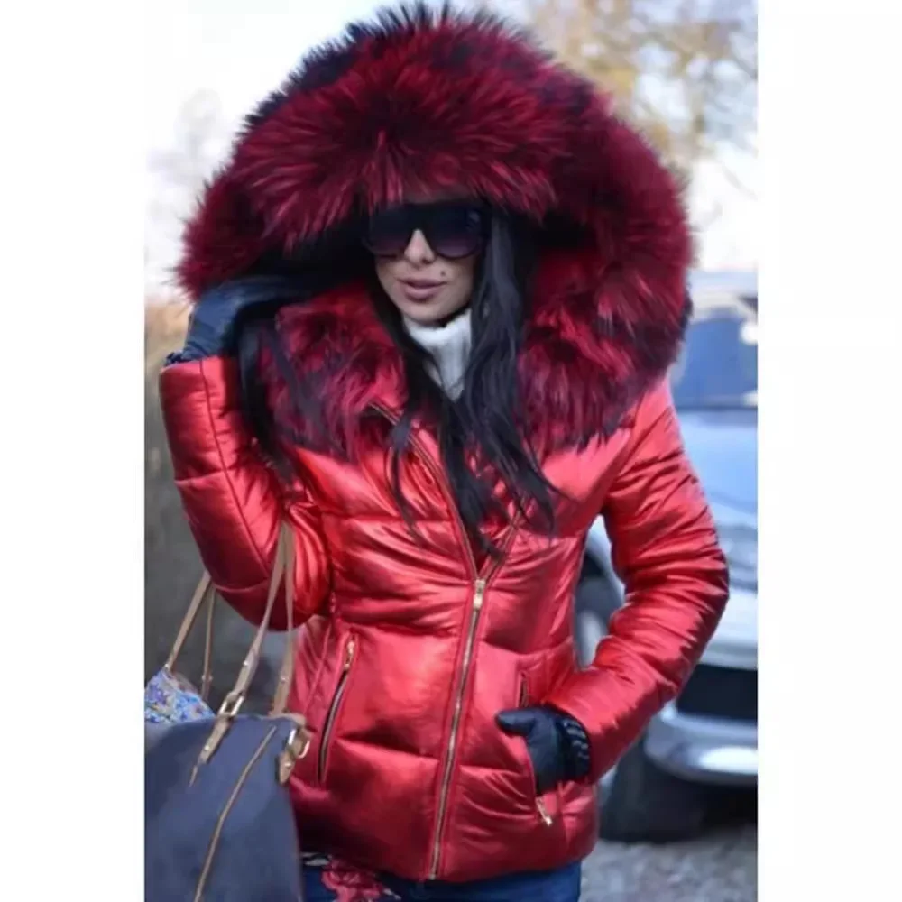 With Big Faux Fur Collar Coat Women Winter Jacket Hooded Parkas Zipper Long Sleeves Padded Coats Slim Striped Puffer Jackets Red