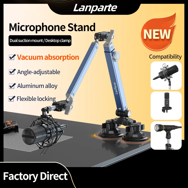 LanParte Professional Dual Suction Cup Mount Flexible Microphone Hanging Adjustable Boom Scissor Arm Stand for Live Streaming