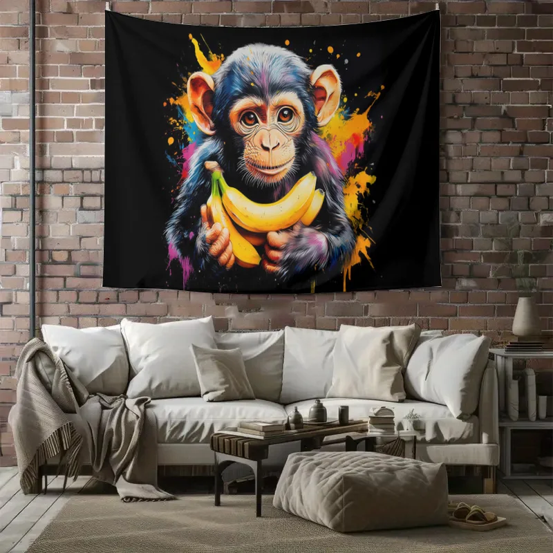 Colorful Monkey and Banana Pop Art Tapestry Wall Hanging Jungle Animal Decor Bohemian Style Living Room Poster Art Print