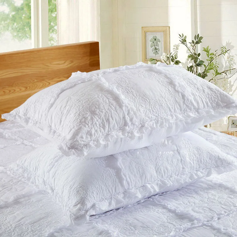 White Cotton Quilt Set 3PCS Bedspread on the Bed Embroidered Comforter Queen Size CHAUSUB Lace Decor Quilted Coverlet