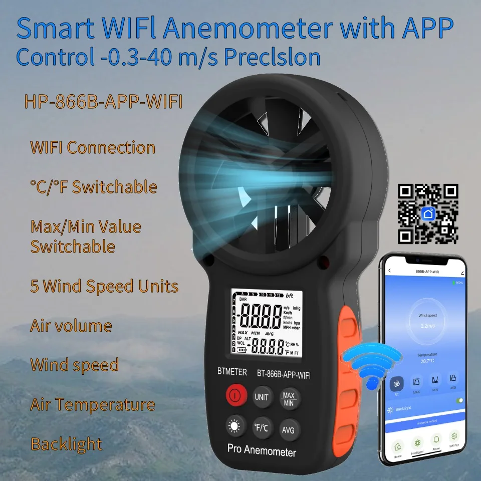 Upgraded Smart Anemometer with WIFI,High-Precision Wind Speed/Air Volume/Temperature Monitor,APP Remote Control,866 B-APP-WIFI